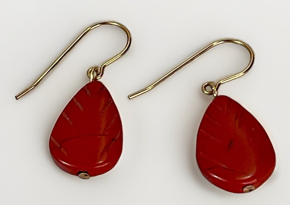 14K Yellow Gold Red Coral Carved Leaf Dangle Drop Earrings 3.1g